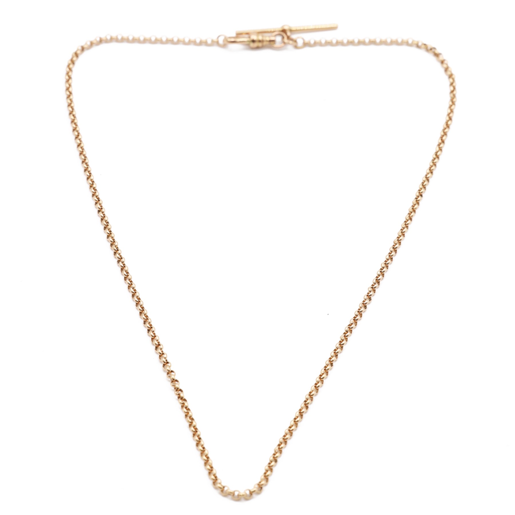 9ct rose gold  rolo link chain necklace, with T bar and clip, Birmingham 1990
