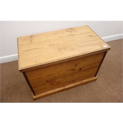 Early 20th century pine chest, hinged lid with stay, two metal handles, W125cm, H63cm, D64cm  