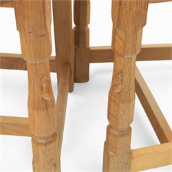 Mouseman - set of four oak lattice back chairs with tan seat with brass studded trim, with carved mouse signature, by the workshop of Robert Thompson of Kilburn