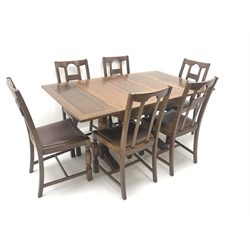  Early 20th century oak extending dining table, two baluster supports on shaped sledge feet joined by single stretcher (W154cm, H74cm, D92cm) and six dining chairs, upholstered drop in seats, turned supports (W48cm)  