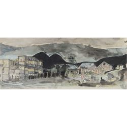 Tom McGuinness (Northern British 1926-2006): Outside the Mine, watercolour and ink signed 20cm x 49cm 