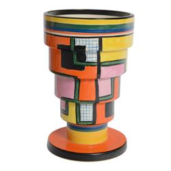 Wedgwood Bizarre by Clarice Cliff, Football vase 366, hand painted based upon an original, limited edition 175/250, with certificate and box, H15cm 