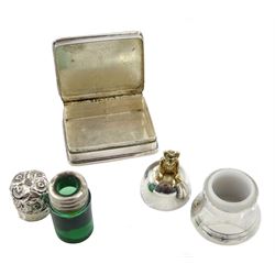 Silver emerald green glass scent bottle with silver lid by Cornelius Desormeaux Saunders & James Francis Hollings, Birmingham, silver bell shaped children's tooth box with teddy bear finial by Harman Brothers, Birmingham 1994 and a silver transfer printed jockey small box stamped 925 (3)