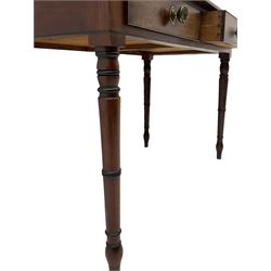 19th century mahogany side table, rectangular top with raised gallery, fitted with two drawers, on turned supports with ebonised detail