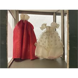 Early 20th century scratch-built wooden hat & gown shop diorama 'Joan', of double-fronted form glazed on three sides with brass and aluminium mounts, rear access apertures and storage under L63cm H45cm D31cm; with small collection of dresses and hats on display stands