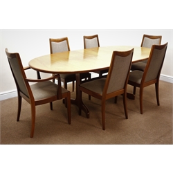  G-Plan teak extending oval dining table, shaped supports, arced sledge feet (W210cm, H73cm, D107cm) and set six (4+2) ash chairs, upholstered back and seat, square tapering supports (W59cm) (7)  