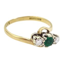 9ct gold three stone round cut emerald and round brilliant cut diamond ring, hallmarked