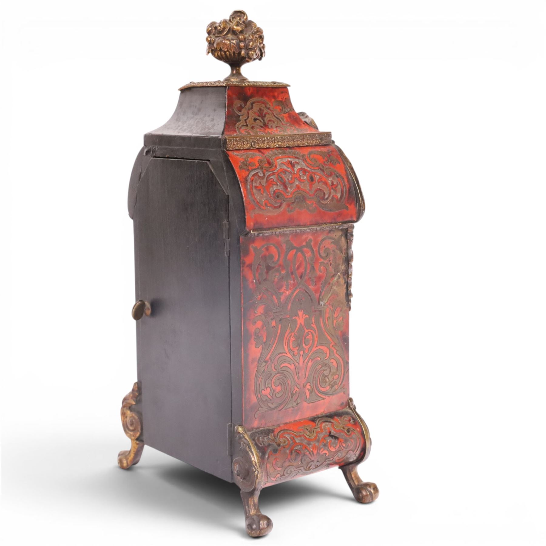 19th century,  French Boulle style mantel clock, drum movement, with a simulated scarlet tortoise shell, gilt brass dial inscribed with Roman numerals upon enamel lozenges, H30cm