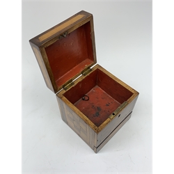 Early Victorian rosewood and specimen wood trinket box, of cuboid form, the lid and front inlaid with naive studies of house fronts with chequered panels to the sides, the hinged lid opening to reveal a red paper lined interior, and ring pull locking rod to the single base drawer, W15cm, H17cm  