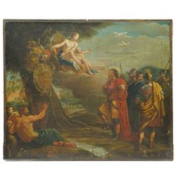 Circle of Pompeo Girolamo Batoni (Italian 1708-1787): 'Venus Presenting Aeneas with Armour' and 'Aeneas slaying Turnus', pair 18th century oils on canvas unsigned 64cm x 76cm (2)
Notes: both paintings depict iconic scenes from Virgil's Aeneid - the former illustrating Book VIII, with Venus descending upon a cloud accompanied by Cupid to present the divine arms forged by Vulcan, as Aeneas and his companions look on. The second depicts the climactic duel from Book XII, with Aeneas poised to deliver the fatal blow to Turnus before the assembled armies.