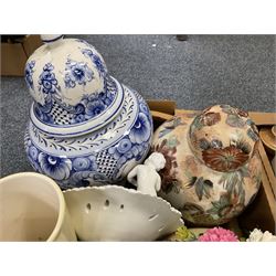 Large group of assorted decorative ceramics, to include Oriental ginger jar and cover, Portuguese blue and white jar and cover of baluster form, Staffordshire mug, Staffordshire style spaniels, 19th century hot water bottles, wash jug and bowl, Jasperware barrel, etc., in three boxes 