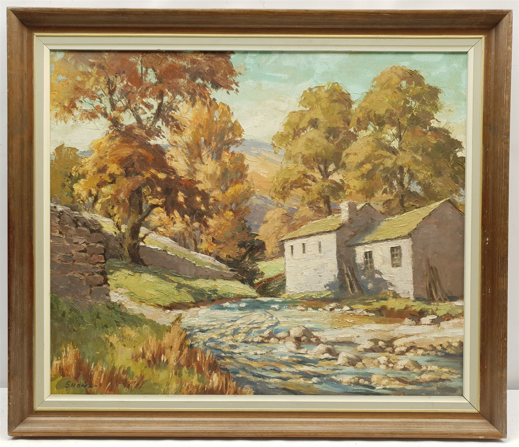 J Burton (British 20th century): Whitby from Lythe Bank, oil on board signed 49cm x 59cm; William Shone (British 20th century): 'Autumn Morning Cray Wharfedale', oil on board signed, titled verso on artist's studio label 49cm x 59cm (2)