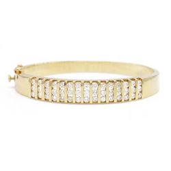 14ct gold diamond hinged bangle, fifteen rows each channel set with three round brilliant ...