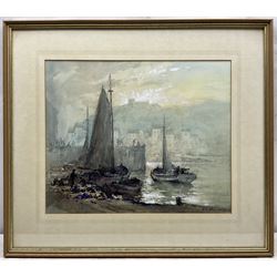 Robert Leslie Howey (British 1900-1981): Boats Unloading in the Lower Harbour 'Whitby', mixed media signed and dated '76, titled and inscribed by the artist's son John Whitmore Howey (1946-) verso 37cm x 44cm