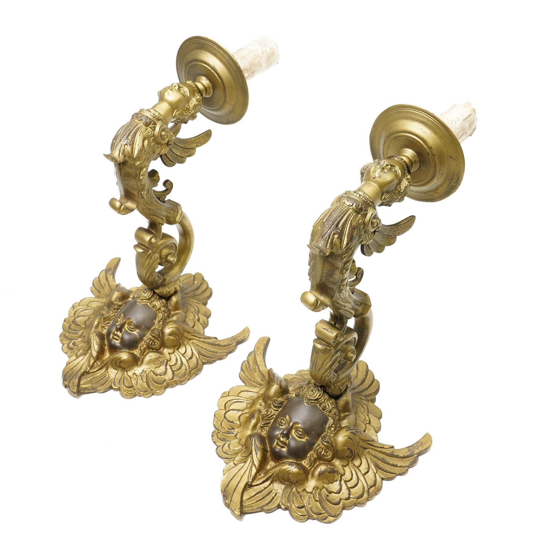Pair of rococo style continental gilt bronze figural wall lights, modelled with winged putti figures, projection 37cm