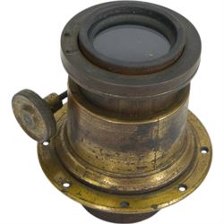 Late 19th century/early 20th century brass mounted mahogany magic lantern with brass lens