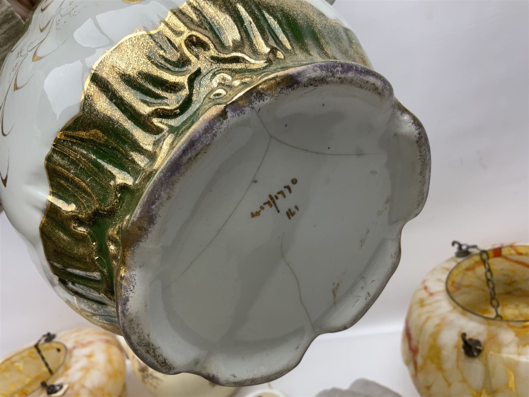 Two Art Deco mottled glass fly catcher ceiling light shades, together with two other 1930s moulded glass ceiling light shades and two Victorian style wash jugs, largest shade D33cm