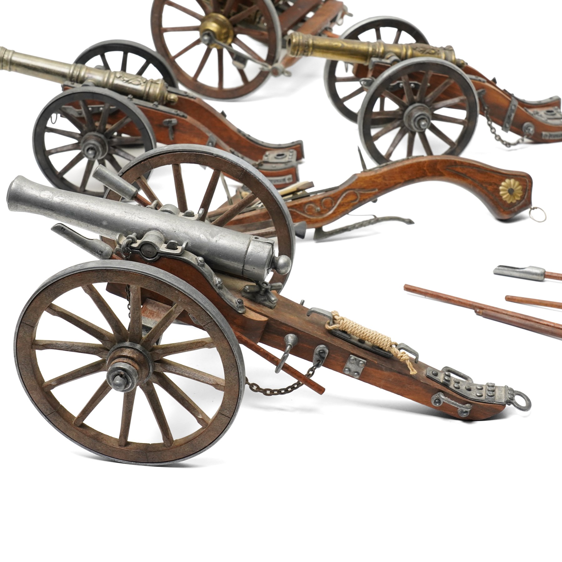 Six scale wood and metal models of cannons, length of longest 32cm together with a gun carriage and model crossbow