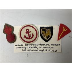 Royal Arms cloth arm adge as worn by Regimental Serjeant-Majors in Foot Guards; naval cap badge; WW2 Commando/Special Forces cloth badges; Home Guard and LDV shoulder titles; and other cloth badges including armoured division, 45th and 77th division, 52nd Lowland Mountain division etc; and 24th Infantry Brigade airmobile pennant