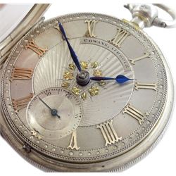 Victorian silver open face English lever fusee pocket watch by Cowans, Airdrie, No. 18235, balance cock with engraved flower decoration, engine turned silver dial with Roman numerals and subsidiary seconds dial, case by Robert Gravenor, Chester 1889