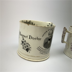 A 19th century Reform mug, detailed with head and shoulder portrait of George Kinloch Esq MP, and inscribed Reform within a floral border, H11c,. together with a 19th century Staffordshire pearlware Reform mug, with printed puce decoration depicting Britannia and inscribed Union Reform, H10.5cm. (2). 