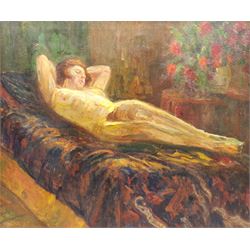 Circle of Roderic O'Conor (Irish 1860-1940): Reclining Nude with Vase of Roses, oil on canvas unsigned 53cm x 63cm