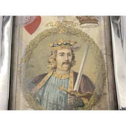 Edwardian silver mounted playing card case, hallmarked William Harrison Walter, Birmingham 1903, the sides each with a period playing card set behind a bevelled glass panel, the hinged cover with later engraving 'Presented to Norman T Crombie Esq by the officers & men of the 31st WR Detachment for services rendered 1917-1918', with red leather lined interior, the three compartments upon a sprung base and containing two later wooden Whist markers, case H12.5cm