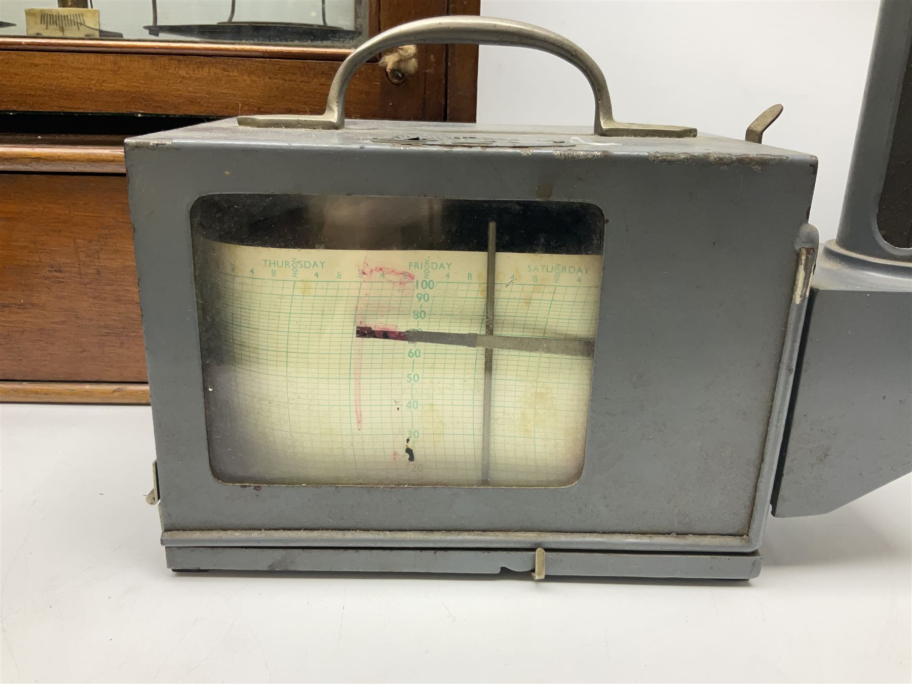 Collection of textile equipment, comprising, Goodbrand & Co. mahogany and brass yarn tester, Negretti & Zambra barograph and two sets of precision scales