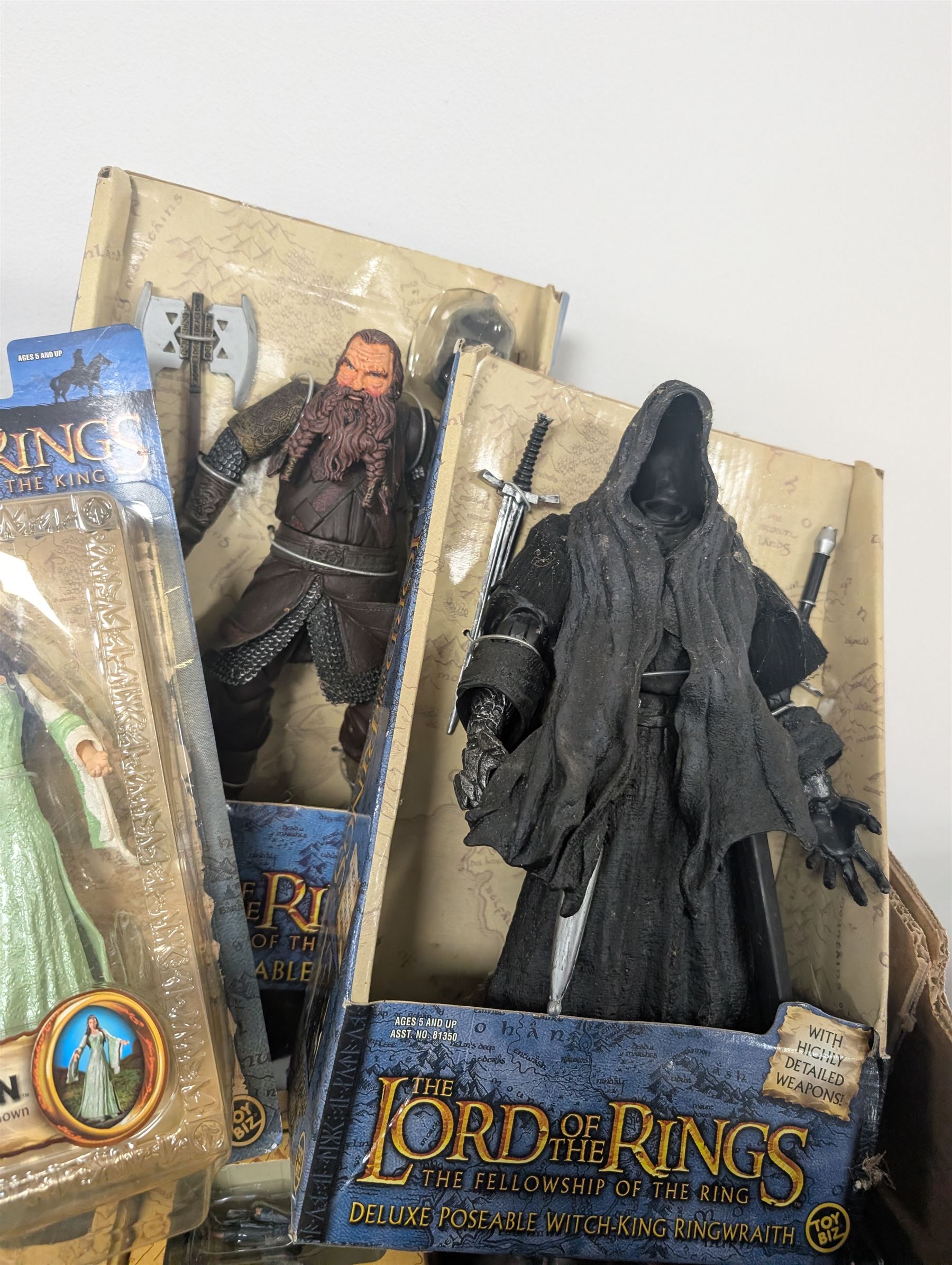 Lord of the Rings action figures, including Toy Biz Gimli, Ring Wraith, Frodo, Treebeard, Deluxe Beast and Rider set, etc and Eaglemoss collectors models, some with magazines, in two boxes