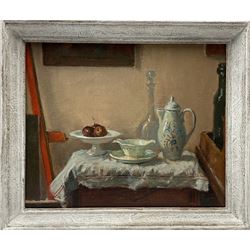 Shig*** (Continental 20th century): Still Life of Ceramics and Glassware, oil on canvas indistinctly signed 36cm x 44cm