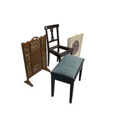 Ebonised piano stool with hinged seat; Hardwood fire screen, pierced and carved with foliate decoration and another screen; Edwardian chair (4)