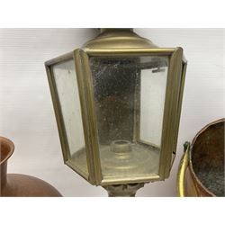 20th century brass carriage lantern, with six glass panels and eagle finial, together with a copper coal scuttle and hammered copper vase, lantern H77cm