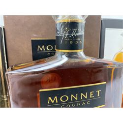 Hennessy, fine de cognac, 70cl, 40% vol, Monnet, Xo prestige cognac, 70cl, 40% proof and Hine Antique, Tres Vieille champagne cognac, 68cl, 40% vol, all with original boxes 
