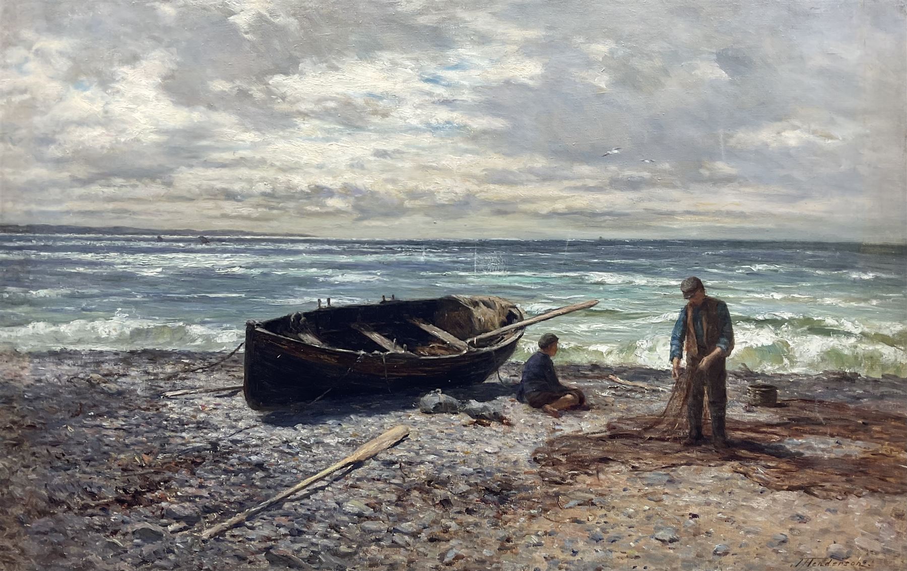 Joseph Henderson RSW (Scottish 1832-1908): ’Cleaning the Nets’ with a Rowing Boat on the Shore, oil on canvas signed, titled on the stretcher 70cm x 111cm