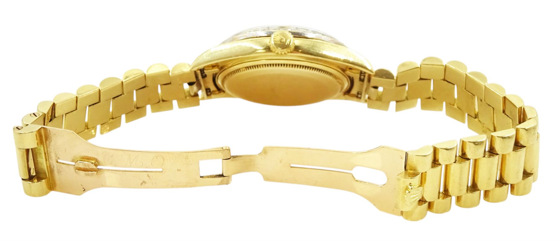Rolex Oyster Perpetual Day-Date gentleman's 18ct gold automatic wristwatch, circa 1970, Ref. 1803, serial No. 2492514, champagne dial with after market diamond dot hour markers and diamond set bezel, on 18ct gold President bracelet, with fold-over clasp, boxed