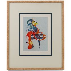 Hans-Joachim 'Jockel' Reisner (German 1938-2023): 'Arche Noah' and Geometric Abstract, pair of coloured etchings signed and dated 1998 and 2003, one titled in pencil 22cm x 15.5cm (2)
Notes: Reisner is best known for creating the Bradford City Fire Memorial in 1986. His style of printmaking is characterised by geometric lines and shapes, influenced by his degree in engineering.