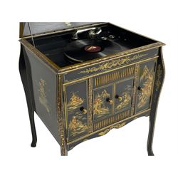 Early 20th century Chinoiserie lacquered gramophone cabinet, the lid decorated with raised gilt work, traditional landscape and figural scenes, fitted with 'Apollo' 'No. 114' gramophone, cupboards below, on cabriole supports