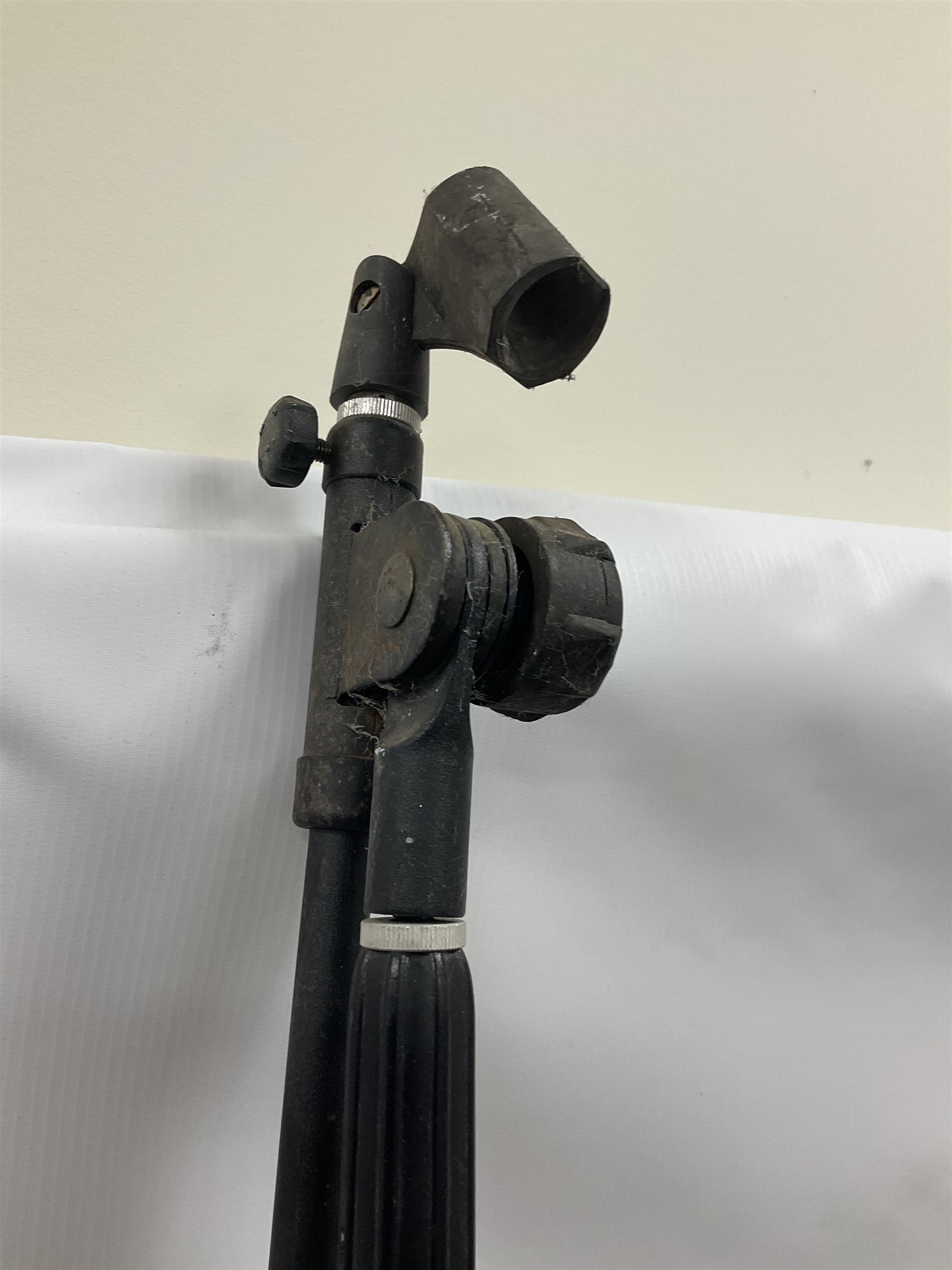 Pearl Vision SST Birch Ply shell four-piece drum kit in black comprising bass drum with foot pedal and three graduated toms; together with Pearl Custom Alloy Sensitone steel snare drum, drum and cymbal stands, microphone stand, stool and various drum sticks 