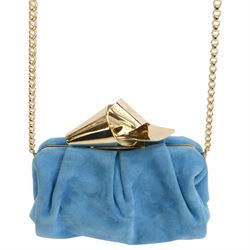 Jimmy Choo 'Cara Sue 164' handbag, with pleated suede body in 'Robot Blue' colourway, with gold tone chain shoulder strap and bow clasp, the leather interior with slip pocket, in Jimmy Choo dust bag with certificate of authenticity, H16cm, w18cm