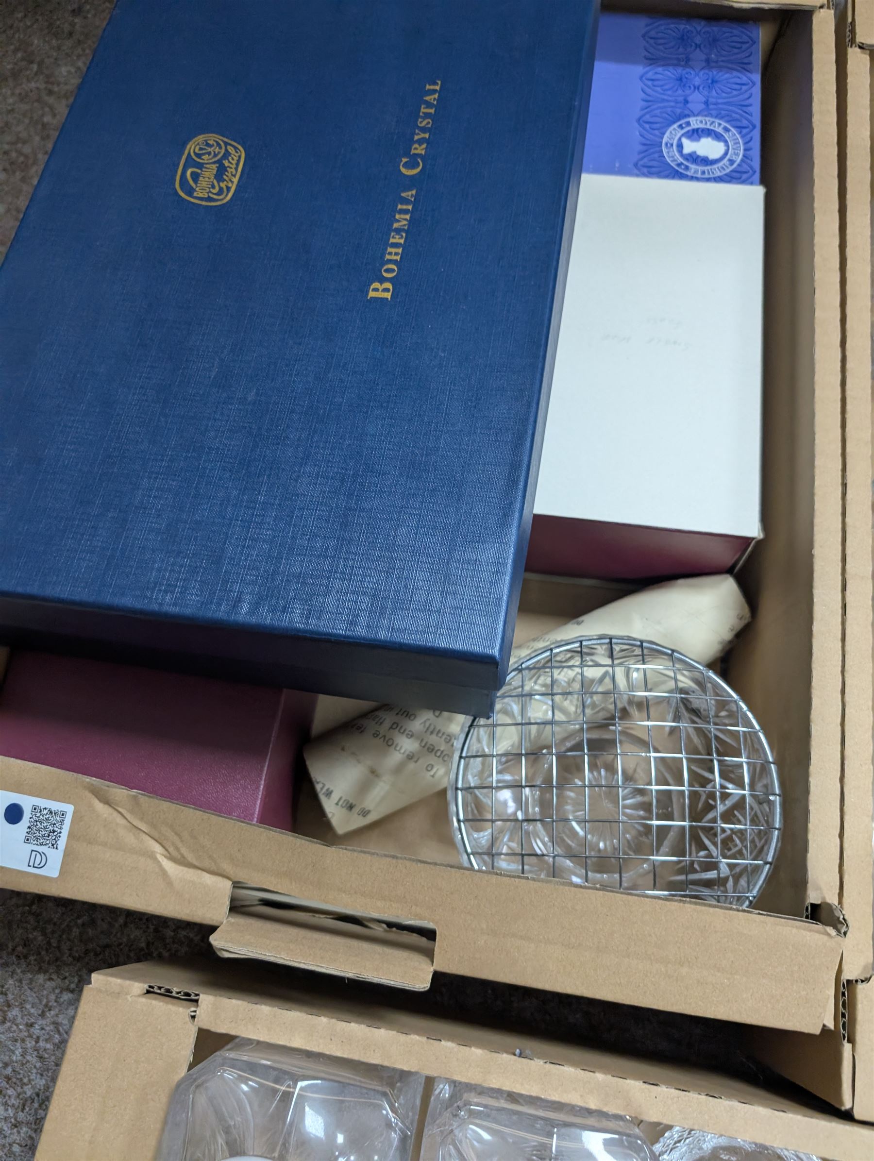 Dartingon glass decanter, togehter with nine other decanters Bohemia Crystal glassware etc in three boxes 