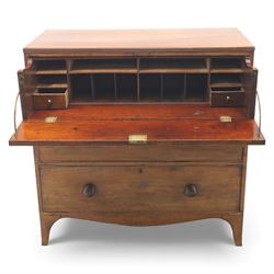 Early 19th century mahogany secretaire chest, the rectangular top over a fall-front fitted with pigeonholes and small drawers, above two long drawers with turned wooden knobs, upon swept bracket feet