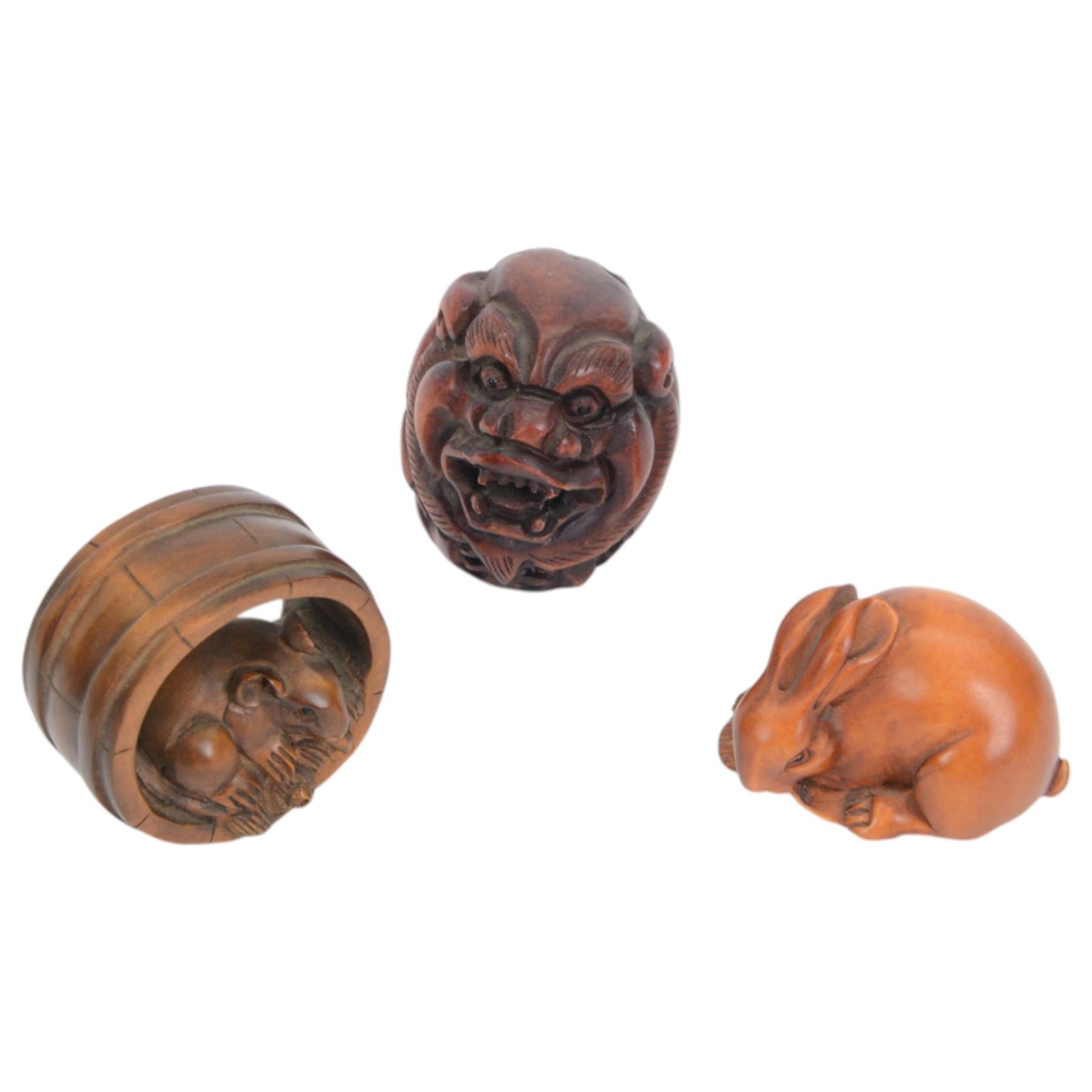 Ten carved wooden netsuke, including pig, rabbit, rats, frog etc 