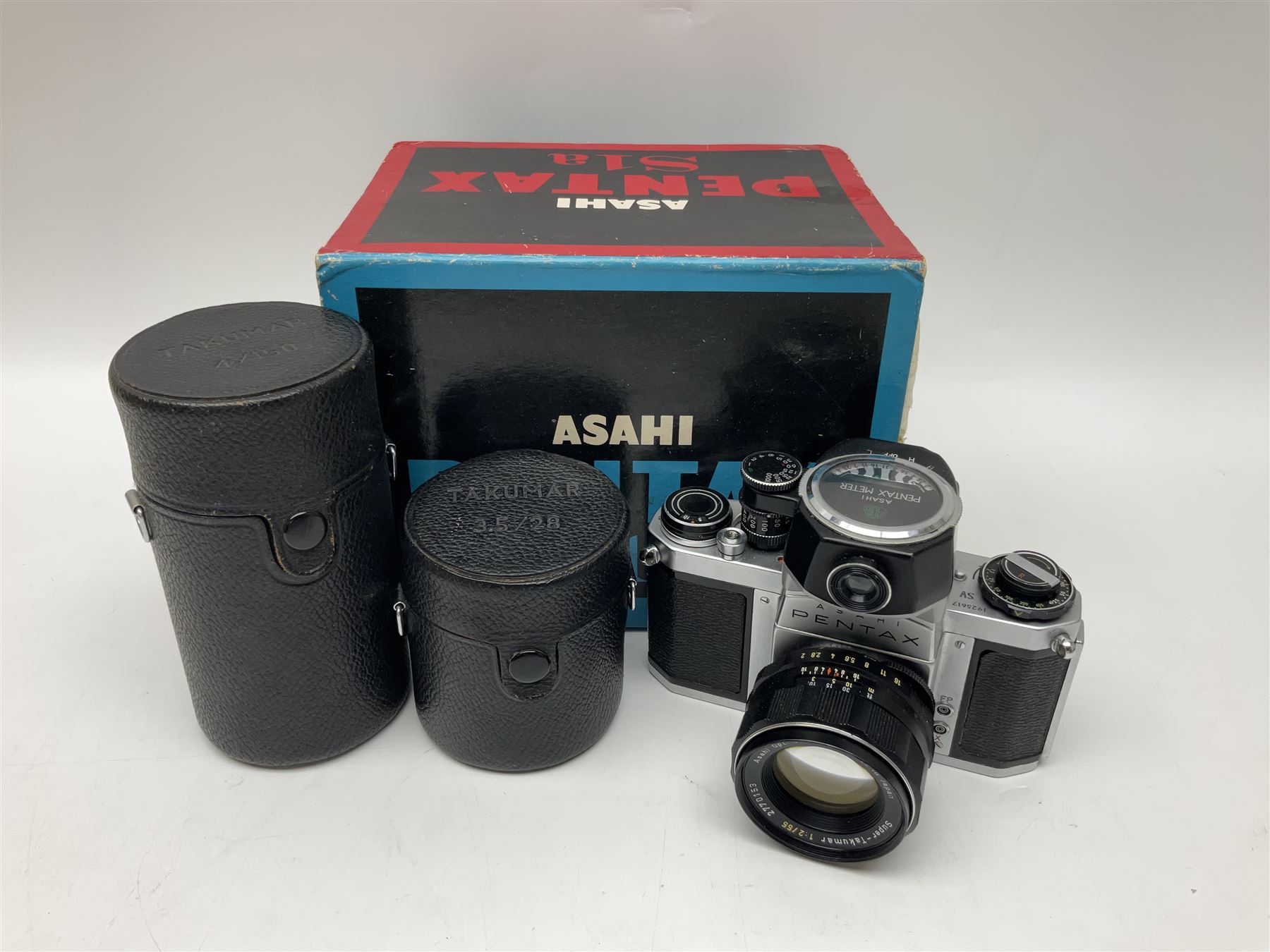Asahi Pentax S1a camera body, serial no. 707071, with 'Super-Takumar 1:1.8/55' lens, serial no 2124044, together with Asahi Pentax Sv camera body, no. 1925617 with 'Super-Takumar 1:2/55' lens, serial no. 2770153, Asahi Pentax Meter, 'Super-Takumar 1:3.5/28' lens, serial no. 2075492 and 'Super-Takumar 1:4/150' lens, serial no. 1461613  