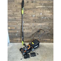 Workx electric lawnmower with two batteries, charger and dock, Garden Gear telescopic chainsaw, McCulloch chainsaw, another chainsaw, Flymo strimmer, GardenLine vac and a JCB drill