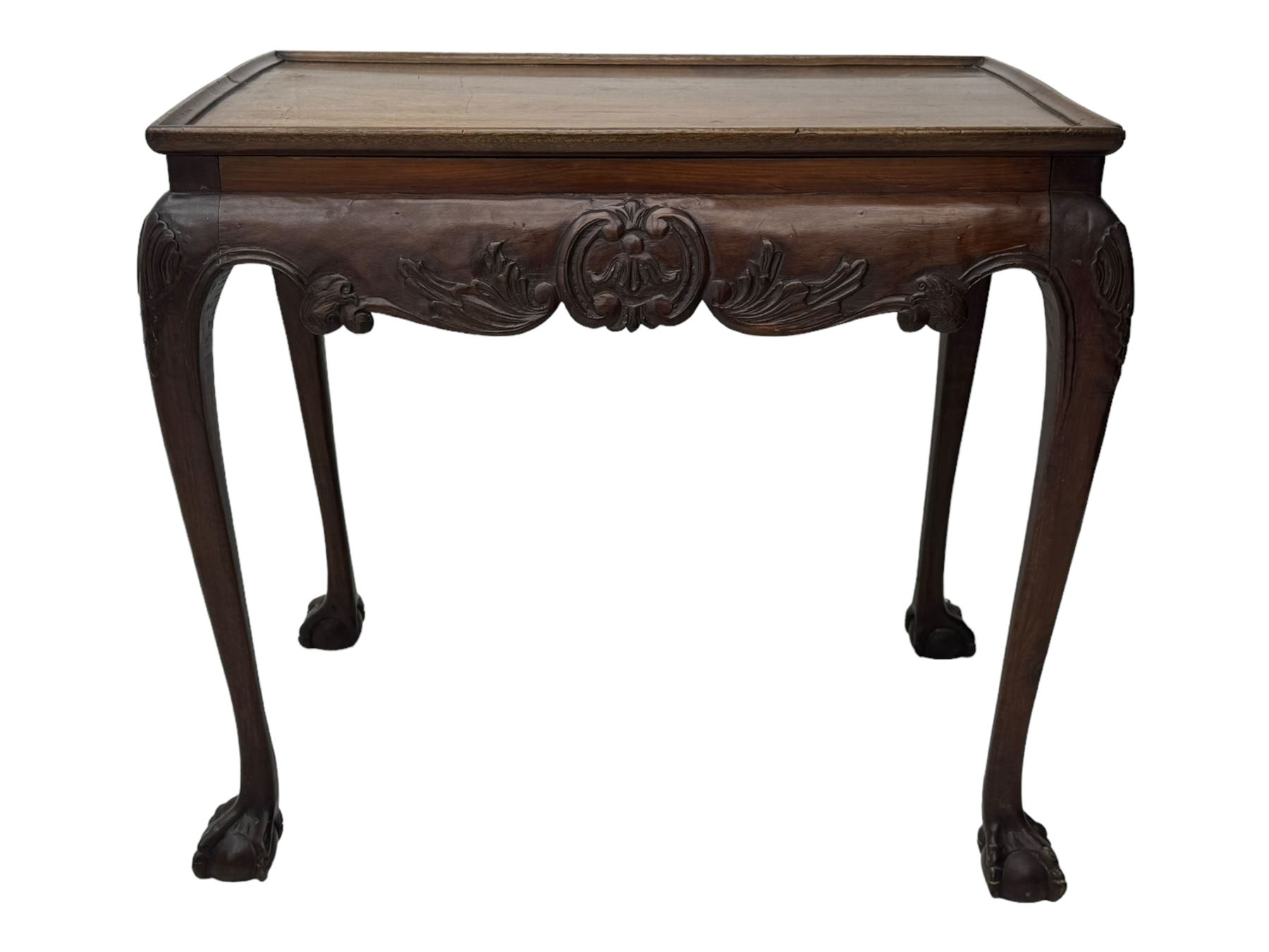 Late 19th to early 20th century mahogany side table, rectangular top with applied raised moulding, curved upper rails carved with C-scroll cartouches and extending curled leaves, bellflower carved cabriole supports with ball and claw feet 
