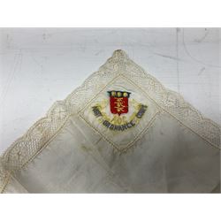 Three WW1 embroidered silk handkerchiefs including RAF & RN; trench art brass napkin ring inscribed 'Arras' and miniature peaked cap with inset 1914 penny; small quantity of cap badges and pips; four reference books on medals and badges etc