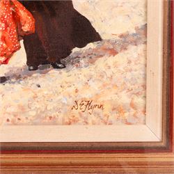 Dianne Elizabeth Flynn (Northern British 1939-): Ladies on a Windy Beach, oil on canvas signed 29cm x 39cm 
Provenance: with The Unicorn Gallery, Wilmslow, label verso