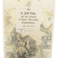 Third Reich Gruppe Fleurstein certificate for service in Northern Norway, Narvik etc. May - June 1940 
