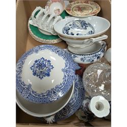 Royal Doulton Carlyle dinner wares, heavy glass candlesticks, punch bowl and lidded jars and other ceramics and glassware, in five boxes