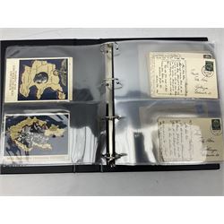 Modern loose leaf album of WW2 German postcards, photographs and other paper ephemera including Adolf Hitler, Luftwaffe, comic, soldier and group portraits, memorial cards, propaganda images, interesting postmarks etc